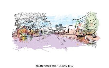 Der Blick auf das Gebäude mit Wahrzeichen von New Haven ist der 
Stadt in Connecticut. Aquarellspritzer mit handgezeichneter Skizzengrafik in Vektorgrafik.