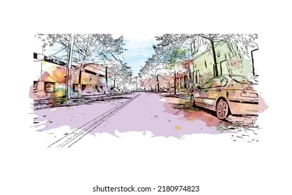 Building view with landmark of New Haven is the 
city in Connecticut. Watercolor splash with hand drawn sketch illustration in vector.