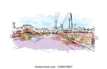 Building view with landmark of New Haven is the 
city in Connecticut. Watercolor splash with hand drawn sketch illustration in vector.