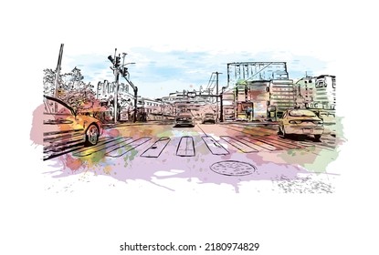 Der Blick auf das Gebäude mit Wahrzeichen von New Haven ist der 
Stadt in Connecticut. Aquarellspritzer mit handgezeichneter Skizzengrafik in Vektorgrafik.