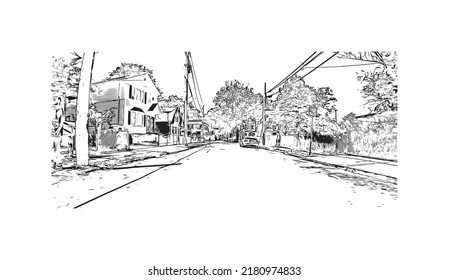 Construir vistas con un punto de referencia en New Haven es el 
ciudad de Connecticut. Dibujo a mano de ilustración de esbozo en vector.