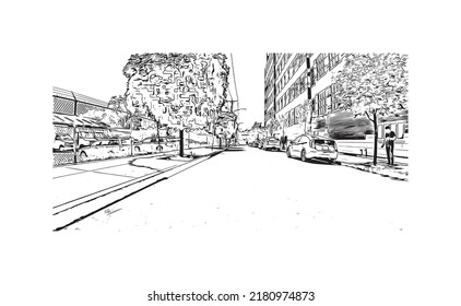 Building view with landmark of New Haven is the 
city in Connecticut. Hand drawn sketch illustration in vector.