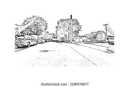 Building view with landmark of New Haven is the 
city in Connecticut. Hand drawn sketch illustration in vector.