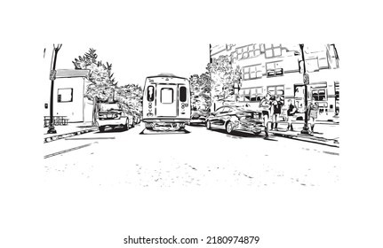 Construir vistas con un punto de referencia en New Haven es el 
ciudad de Connecticut. Dibujo a mano de ilustración de esbozo en vector.
