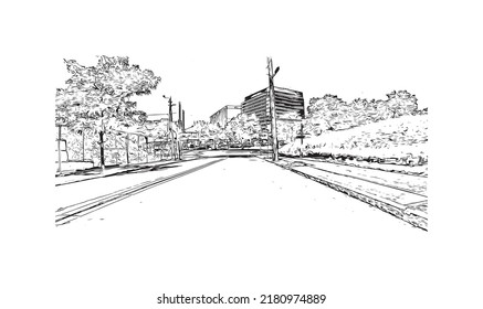 Construir vistas con un punto de referencia en New Haven es el 
ciudad de Connecticut. Dibujo a mano de ilustración de esbozo en vector.