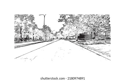Building view with landmark of New Haven is the 
city in Connecticut. Hand drawn sketch illustration in vector.