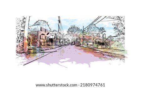 Building view with landmark of New Haven is the 
city in Connecticut. Watercolor splash with hand drawn sketch illustration in vector.
