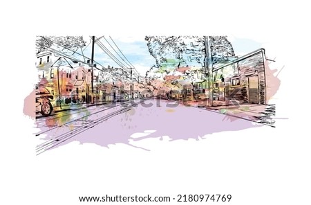 Building view with landmark of New Haven is the 
city in Connecticut. Watercolor splash with hand drawn sketch illustration in vector.