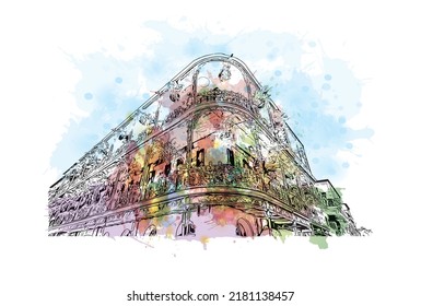 Der Blick auf das Gebäude mit Wahrzeichen von New Orleans ist die 
Stadt in Louisiana. Aquarellspritzer mit handgezeichneter Skizzengrafik in Vektorgrafik.