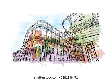 Der Blick auf das Gebäude mit Wahrzeichen von New Orleans ist die 
Stadt in Louisiana. Aquarellspritzer mit handgezeichneter Skizzengrafik in Vektorgrafik.