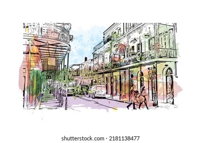 Der Blick auf das Gebäude mit Wahrzeichen von New Orleans ist die 
Stadt in Louisiana. Aquarellspritzer mit handgezeichneter Skizzengrafik in Vektorgrafik.