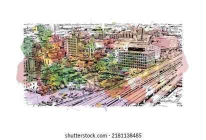 Building view with landmark of New Orleans is the 
city in Louisiana. Watercolor splash with hand drawn sketch illustration in vector.
