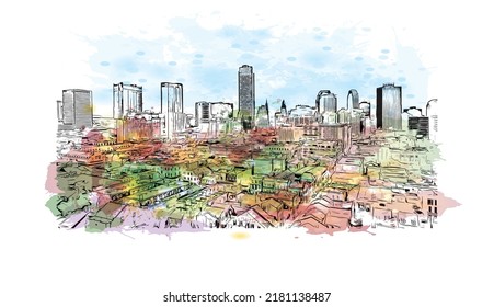 Der Blick auf das Gebäude mit Wahrzeichen von New Orleans ist die 
Stadt in Louisiana. Aquarellspritzer mit handgezeichneter Skizzengrafik in Vektorgrafik.