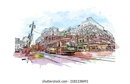 Building view with landmark of New Orleans is the 
city in Louisiana. Watercolor splash with hand drawn sketch illustration in vector.