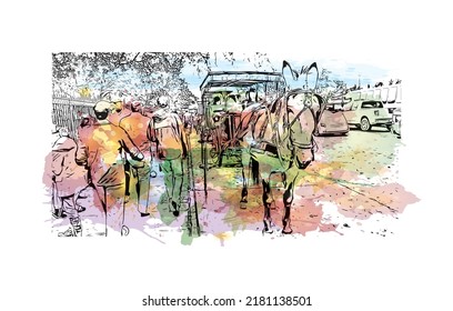 Building view with landmark of New Orleans is the 
city in Louisiana. Watercolor splash with hand drawn sketch illustration in vector.