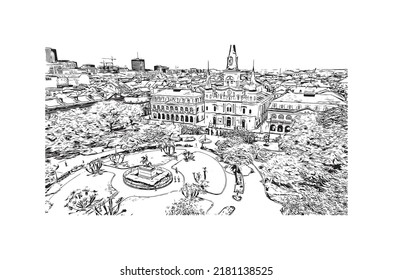 Building view with landmark of New Orleans is the 
city in Louisiana. Hand drawn sketch illustration in vector.