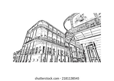 Building view with landmark of New Orleans is the 
city in Louisiana. Hand drawn sketch illustration in vector.