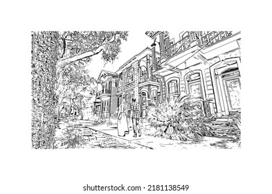 Building view with landmark of New Orleans is the 
city in Louisiana. Hand drawn sketch illustration in vector.