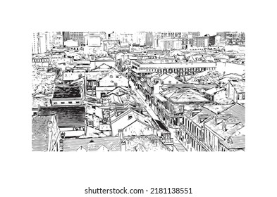 Building view with landmark of New Orleans is the 
city in Louisiana. Hand drawn sketch illustration in vector.