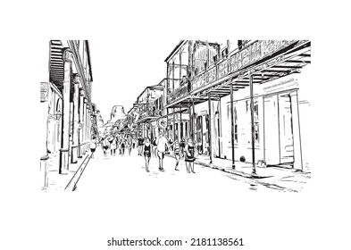 Building view with landmark of New Orleans is the 
city in Louisiana. Hand drawn sketch illustration in vector.