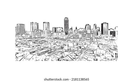 Building view with landmark of New Orleans is the 
city in Louisiana. Hand drawn sketch illustration in vector.