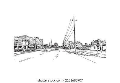 Building view with landmark of New Smyrna Beach is the 
city in Florida. Hand drawn sketch illustration in vector.