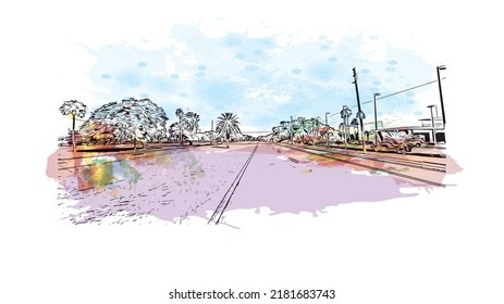 Building view with landmark of New Smyrna Beach is the 
city in Florida. Watercolor splash with hand drawn sketch illustration in vector.