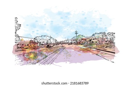 Building view with landmark of New Smyrna Beach is the 
city in Florida. Watercolor splash with hand drawn sketch illustration in vector.