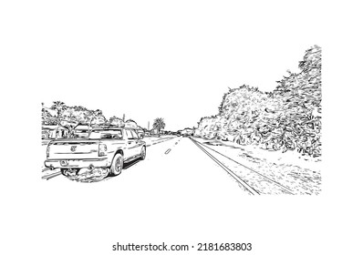 Building view with landmark of New Smyrna Beach is the 
city in Florida. Hand drawn sketch illustration in vector.