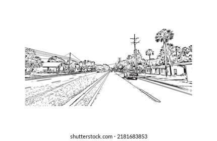 Building view with landmark of New Smyrna Beach is the 
city in Florida. Hand drawn sketch illustration in vector.