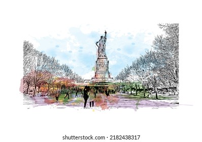 Building view with landmark of New York is the 
city in New York State. Watercolor splash with hand drawn sketch illustration in vector.