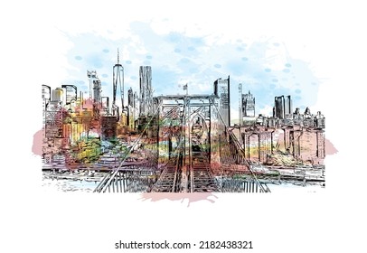 Building view with landmark of New York is the 
city in New York State. Watercolor splash with hand drawn sketch illustration in vector.