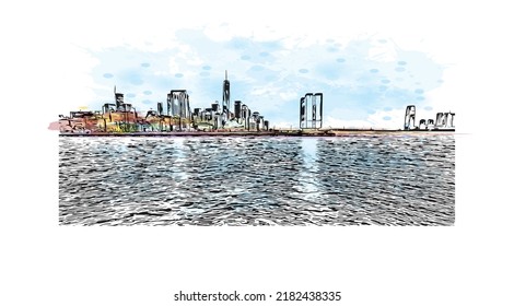 Building view with landmark of New York is the 
city in New York State. Watercolor splash with hand drawn sketch illustration in vector.