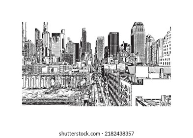 Building view with landmark of New York is the 
city in New York State. Hand drawn sketch illustration in vector.