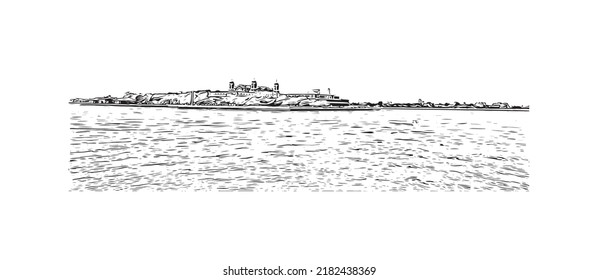 Building view with landmark of New York is the 
city in New York State. Hand drawn sketch illustration in vector.