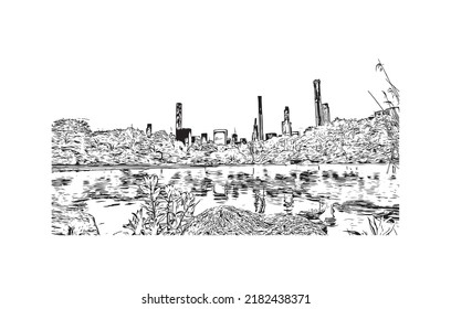 Building view with landmark of New York is the 
city in New York State. Hand drawn sketch illustration in vector.