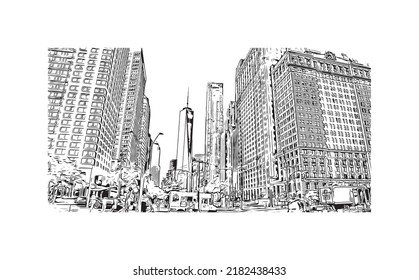 Building view with landmark of New York is the 
city in New York State. Hand drawn sketch illustration in vector.