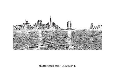 Building view with landmark of New York is the 
city in New York State. Hand drawn sketch illustration in vector.