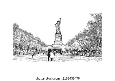 Building view with landmark of New York is the 
city in New York State. Hand drawn sketch illustration in vector.