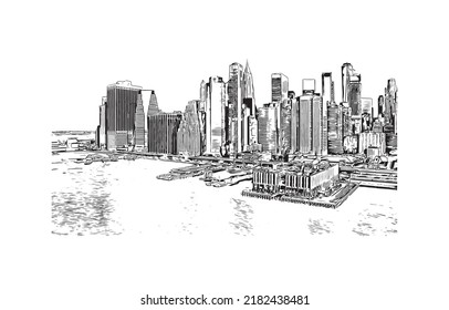 Building view with landmark of New York is the 
city in New York State. Hand drawn sketch illustration in vector.