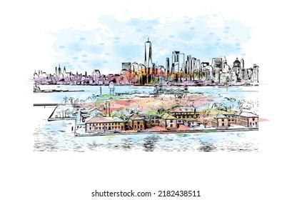 Building view with landmark of New York is the 
city in New York State. Watercolor splash with hand drawn sketch illustration in vector.