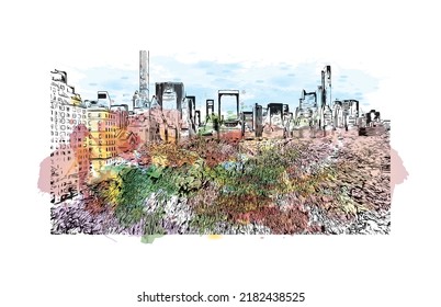 Building view with landmark of New York is the 
city in New York State. Watercolor splash with hand drawn sketch illustration in vector.