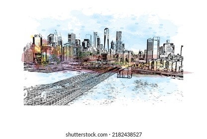 Building view with landmark of New York is the 
city in New York State. Watercolor splash with hand drawn sketch illustration in vector.