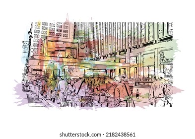 Building view with landmark of New York is the 
city in New York State. Watercolor splash with hand drawn sketch illustration in vector.