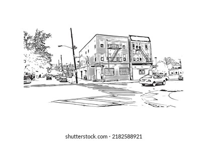 Building view with landmark of Newark is the 
city in New Jersey. Hand drawn sketch illustration in vector.