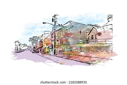 Building view with landmark of Newark is the 
city in New Jersey. Watercolor splash with hand drawn sketch illustration in vector.
