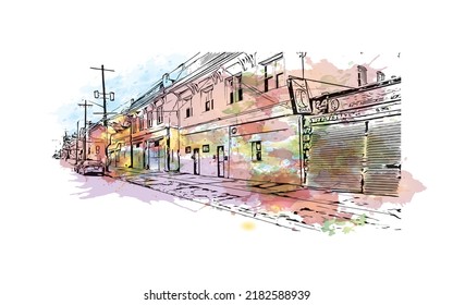 Building view with landmark of Newark is the 
city in New Jersey. Watercolor splash with hand drawn sketch illustration in vector.