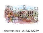 Building view with landmark of Newcastle is the 
city in Australia. Watercolor splash with hand drawn sketch illustration in vector.