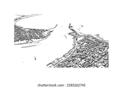 Building view with landmark of Newcastle is the 
city in Australia. Hand drawn sketch illustration in vector.
