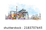 Building view with landmark of Newcastle upon Tyne is the 
city in England. Watercolor splash with hand drawn sketch illustration in vector.